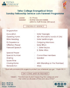 Tetso College Evangelical Union Sunday Fellowship Service cum Farewell Programme @ Auditorium