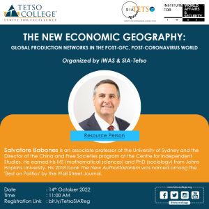 A webinar by Prof. Salvatore Babones on The New Economic Geography: Global Production Networks in the Post-GFC, Post-Coronavirus World.